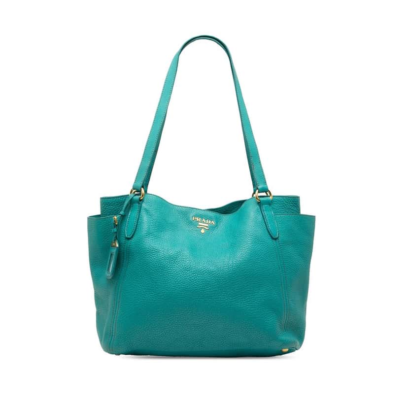 Prada Vitello Daino Side Pocket Tote Blue Leather Very good condition - Front View