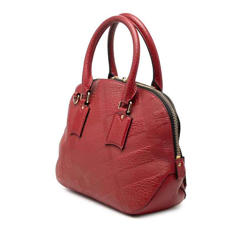 Burberry Small Heritage Grain Check Embossed Leather Orchard Bowling Bag Red Leather Very good condition - Back View