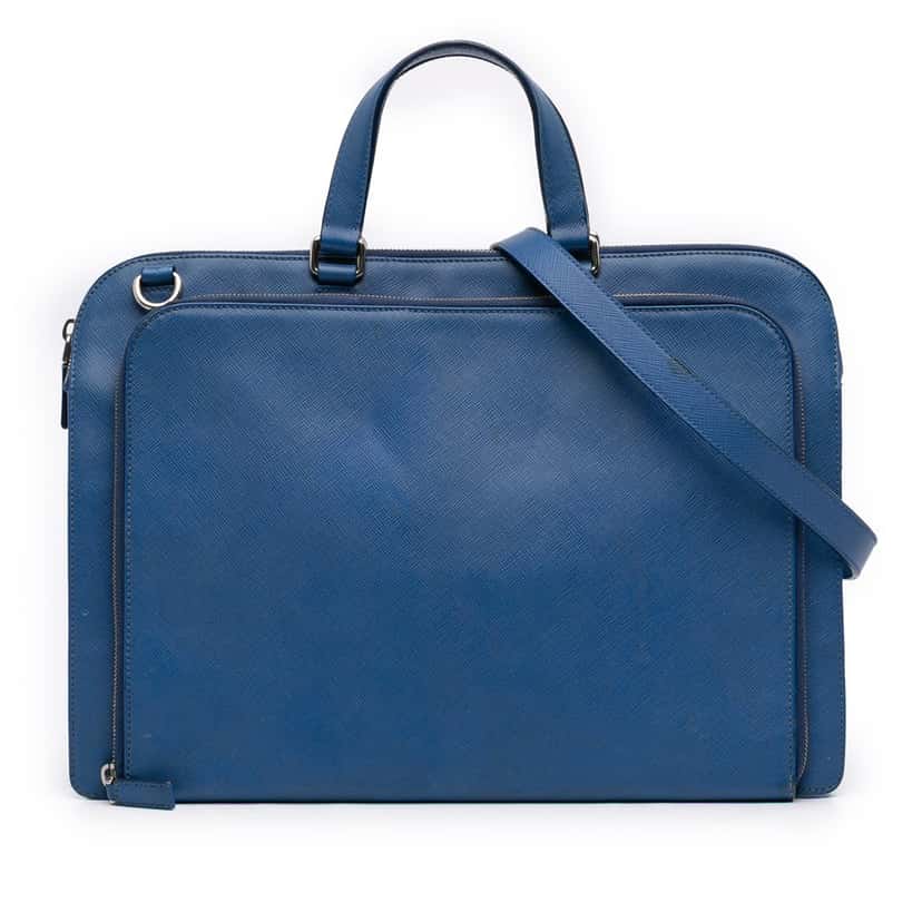 Prada Saffiano Cuir Travel Front Zip Pocket Briefcase Blue Leather Very good condition - Front View