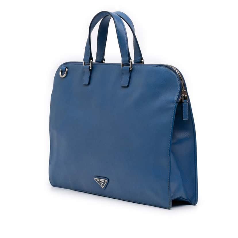 Prada Saffiano Cuir Travel Front Zip Pocket Briefcase Blue Leather Very good condition - Back View