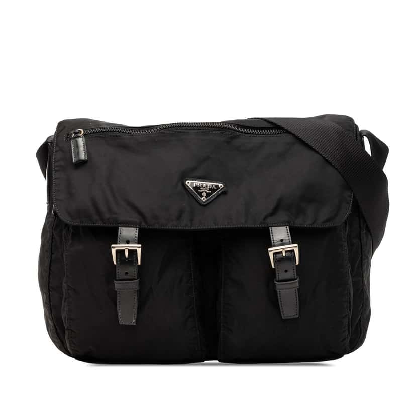 Prada Tessuto Zip Double Buckle Messenger Bag Black Good condition - Front View