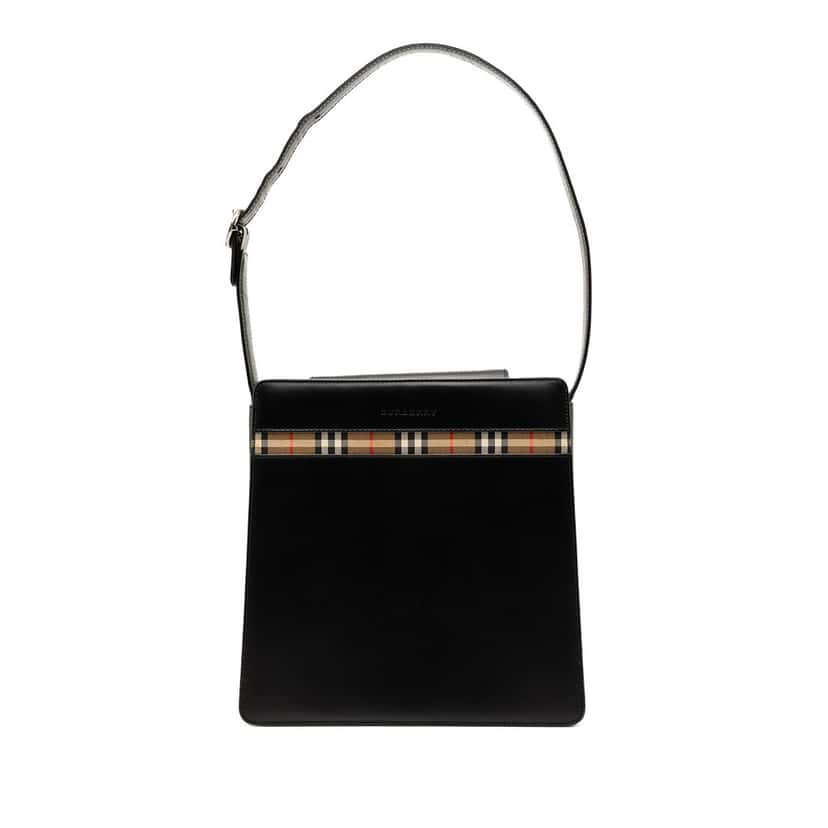 Burberry House Check Trimmed Leather Shoulder Bag Black Leather Very good condition - Front View