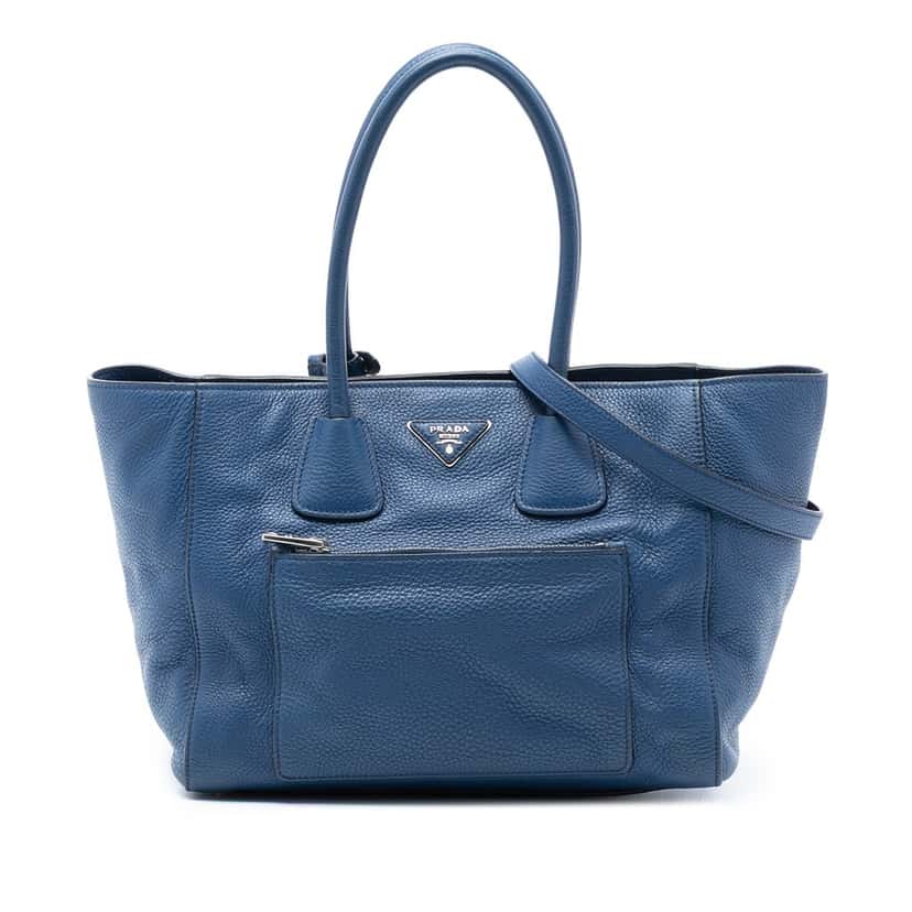 Prada Vitello Daino Front Pocket Open Convertible Tote Blue Leather Very good condition - Front View
