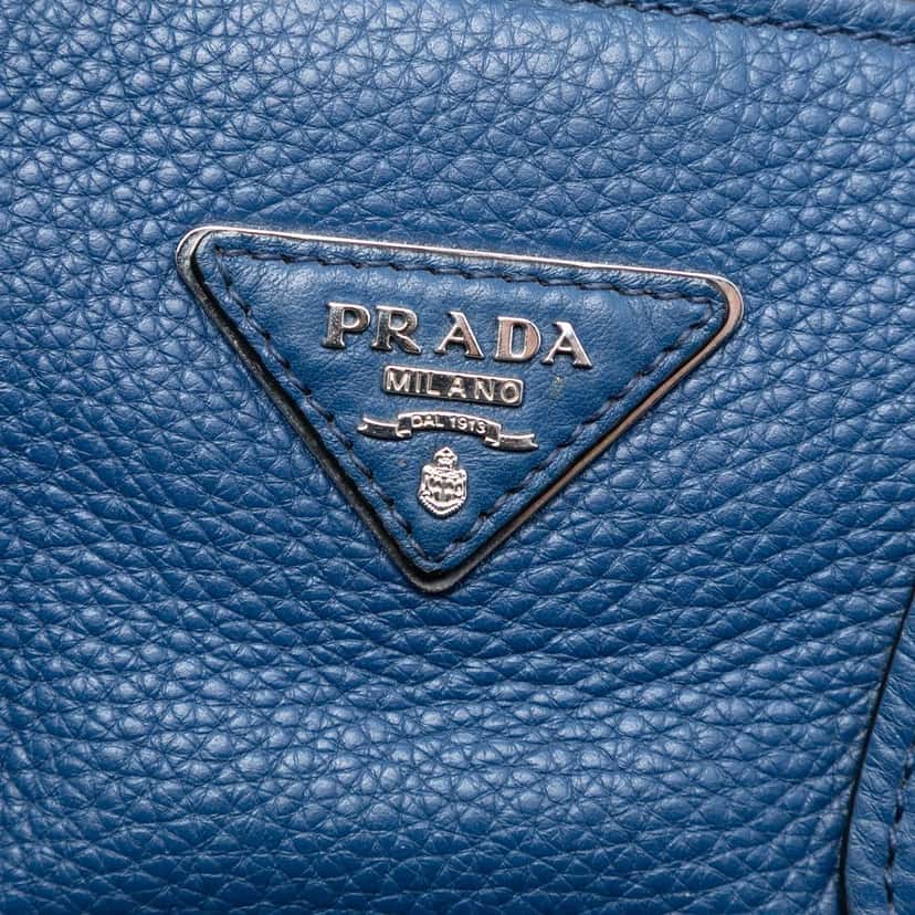 Prada Vitello Daino Front Pocket Open Convertible Tote Blue Leather Very good condition - Box View