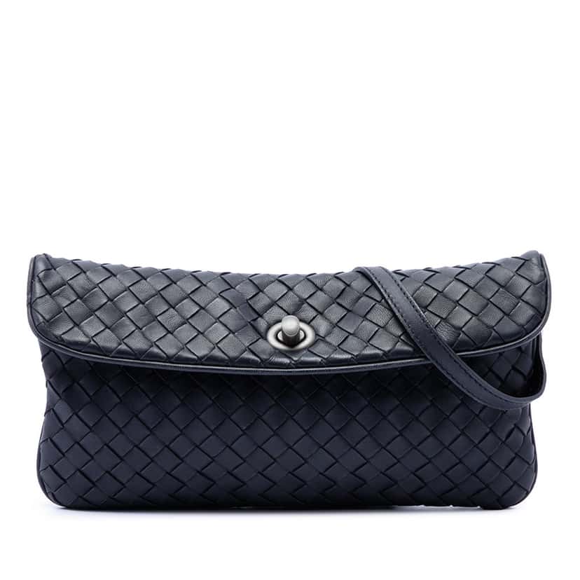Bottega Veneta Mini Nappa Intrecciato Turn Lock Crossbody Black Leather Very good condition - Front View