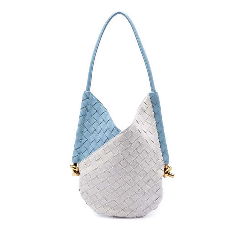 Bottega Veneta Small Nappa and Canvas Intrecciato Solstice Shoulder Bag Blue Leather Good condition - Front View