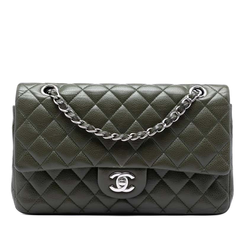 Chanel Medium Classic Caviar Double Flap Green Leather Very good condition - Front View