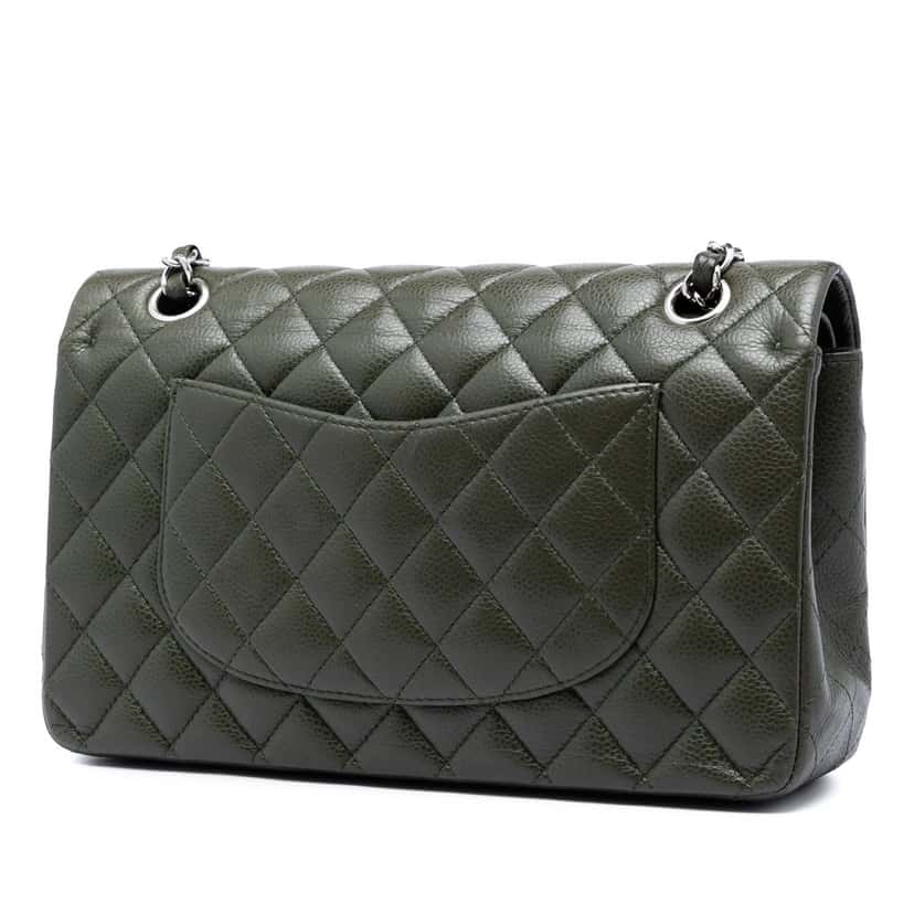 Chanel Medium Classic Caviar Double Flap Green Leather Very good condition - Back View