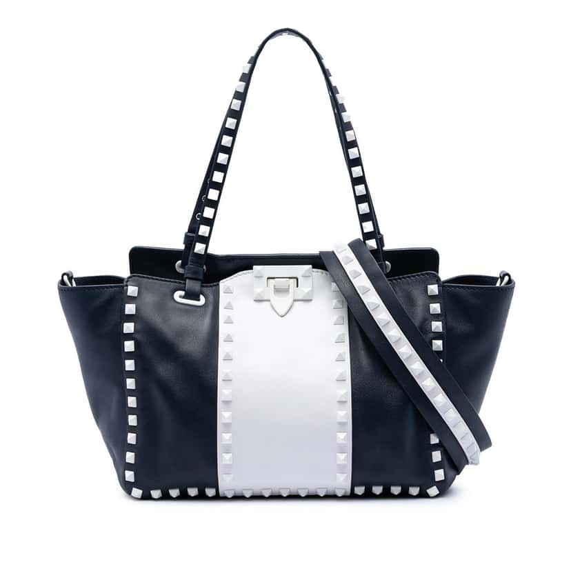 Valentino Small Bicolor Leather Rockstud Double Handle Tote Blue Leather Very good condition - Front View