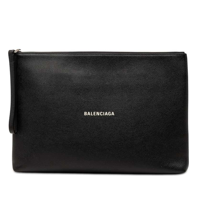 Balenciaga Grained Calfskin Logo Cash Pouch Black Leather Very good condition - Front View