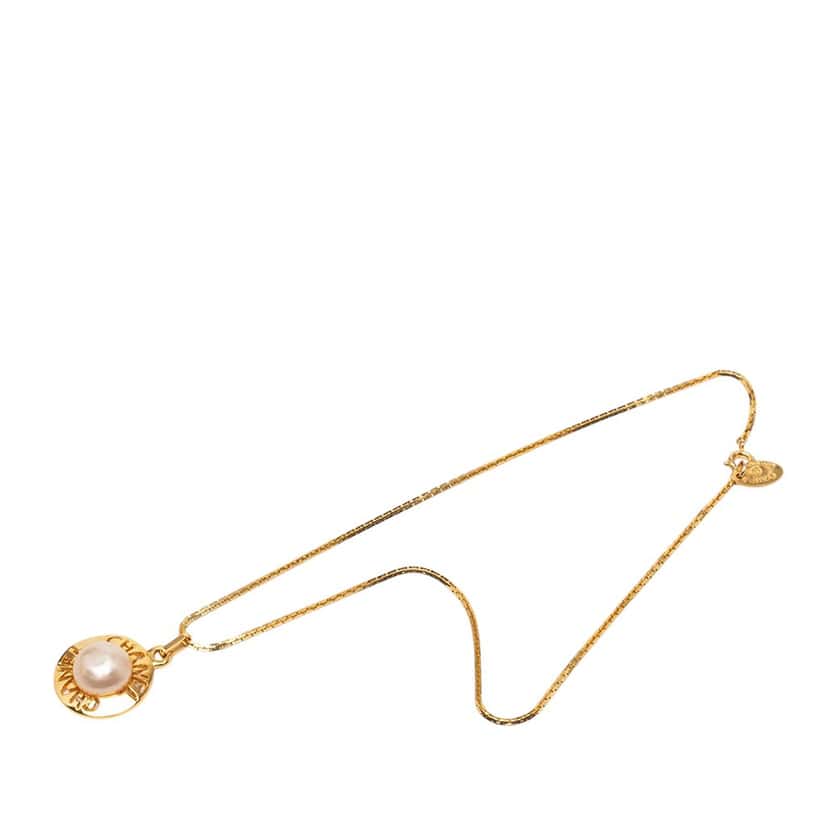 Chanel Gold Plated Faux Pearl Logo Round Pendant Necklace Gold Metal Very good condition - Front View