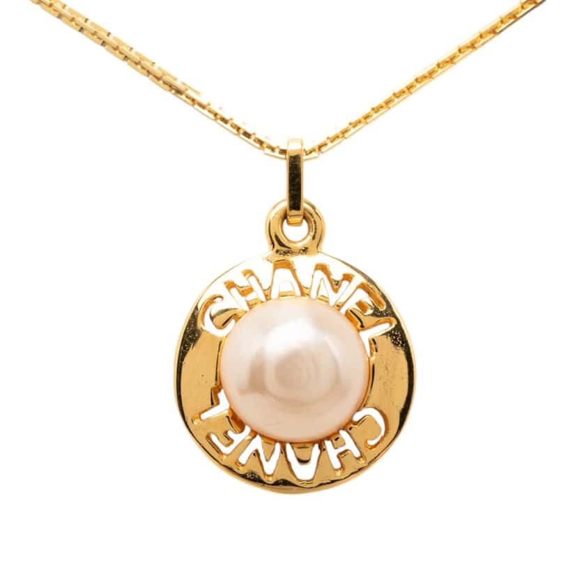 Chanel Gold Plated Faux Pearl Logo Round Pendant Necklace Gold Metal Very good condition - Back View
