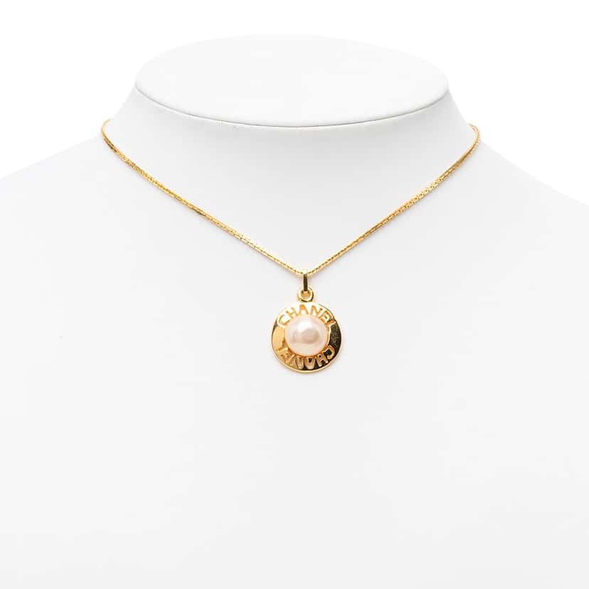 Chanel Gold Plated Faux Pearl Logo Round Pendant Necklace Gold Metal Very good condition - Box View