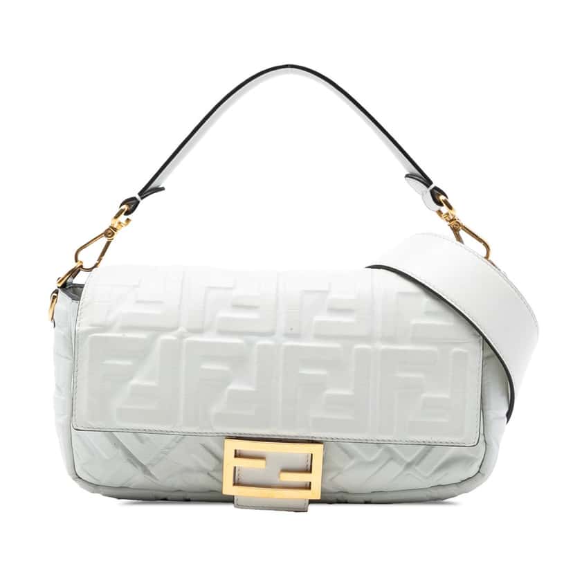 Fendi Zucca Embossed Leather Baguette Satchel White Leather Very good condition - Front View