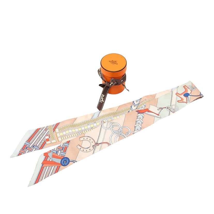 Hermès Brides et Gris Gris Silk Twilly Scarf Beige Very good condition - Box View