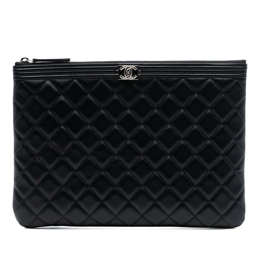 Chanel Medium Quilted Lambskin Boy O Case Clutch Black Leather Very good condition - Front View