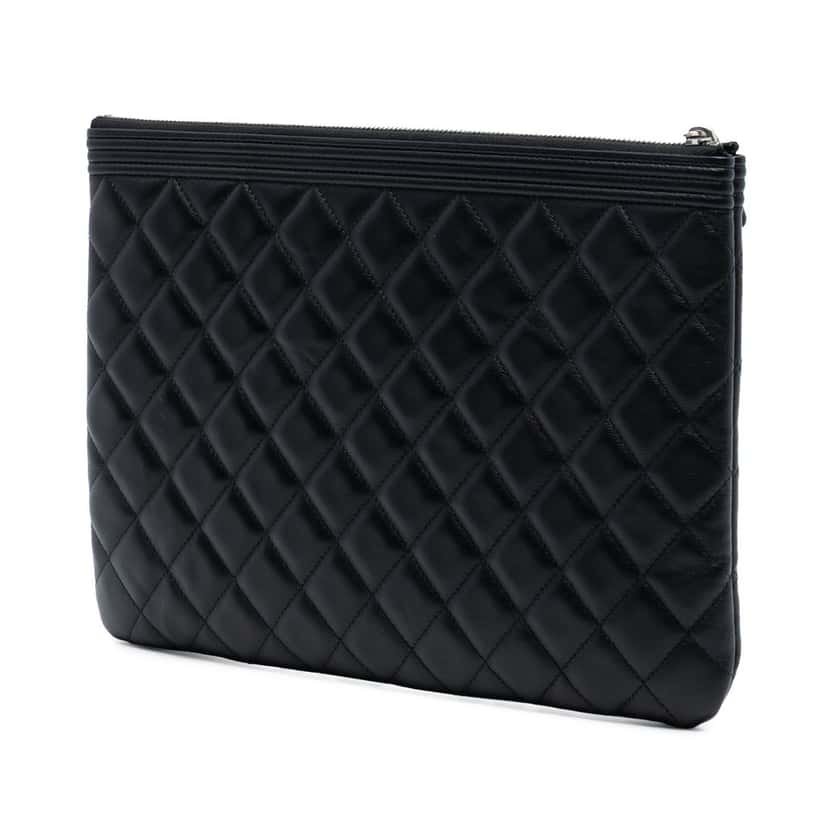 Chanel Medium Quilted Lambskin Boy O Case Clutch Black Leather Very good condition - Back View