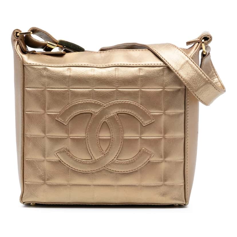 Chanel CC Chocolate Bar Metallic Lambskin Shoulder Bag Gold Leather Very good condition - Front View