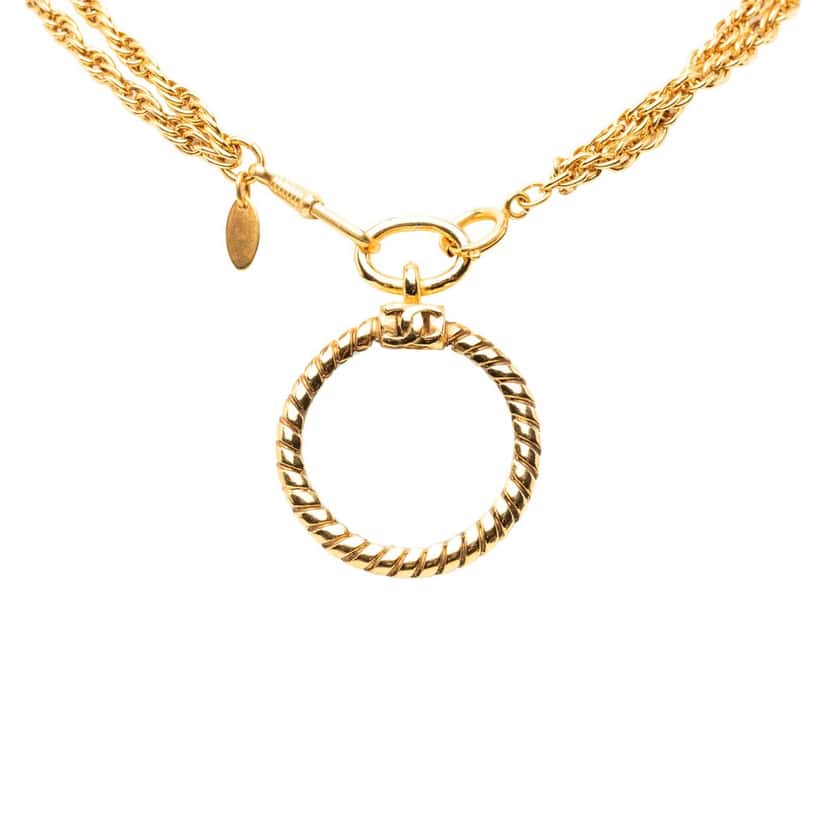 Chanel CC Gold Plated Double Chain Loupe Magnifying Glass Pendant Necklace Gold Metal Very good condition - Front View