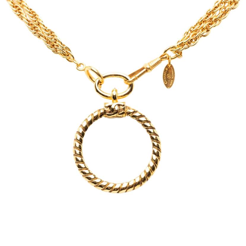 Chanel CC Gold Plated Double Chain Loupe Magnifying Glass Pendant Necklace Gold Metal Very good condition - Back View