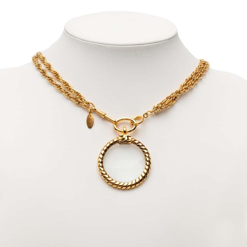 Chanel CC Gold Plated Double Chain Loupe Magnifying Glass Pendant Necklace Gold Metal Very good condition - Box View