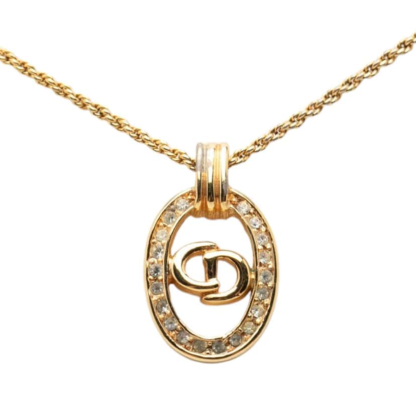 Dior Gold Plated Strass CD Logo Oval Pendant Necklace Gold Metal Very good condition - Back View