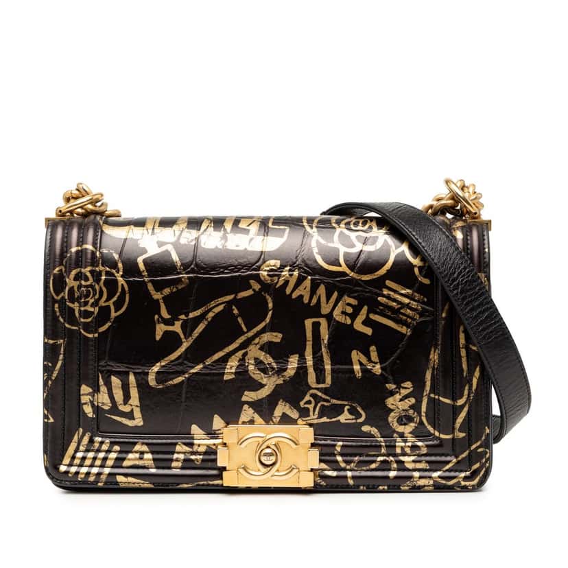 Chanel Medium Croc Embossed Leather Graffiti Cocodile Boy Flap Black Leather Very good condition - Front View