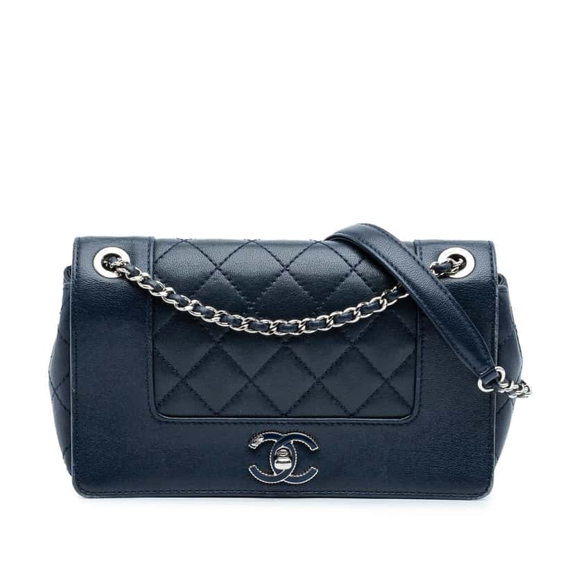 Chanel Small Quilted Sheepskin Mademoiselle Vintage Flap Blue Leather Very good condition - Front View