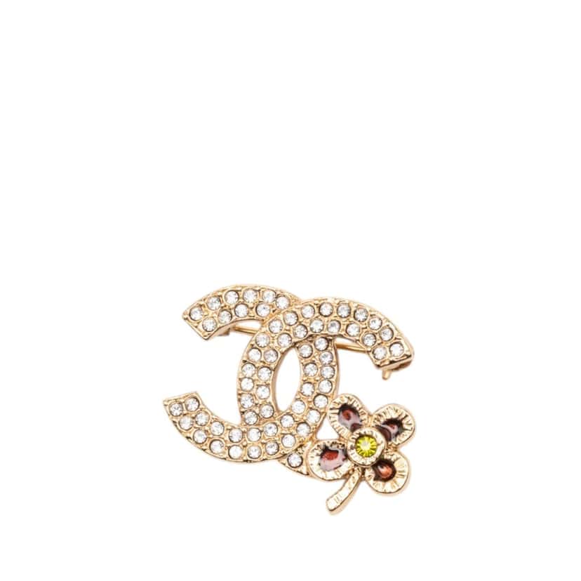 Chanel CC Gold Plated Strass Clover Leaf Pin Brooch Gold Metal Very good condition - Front View