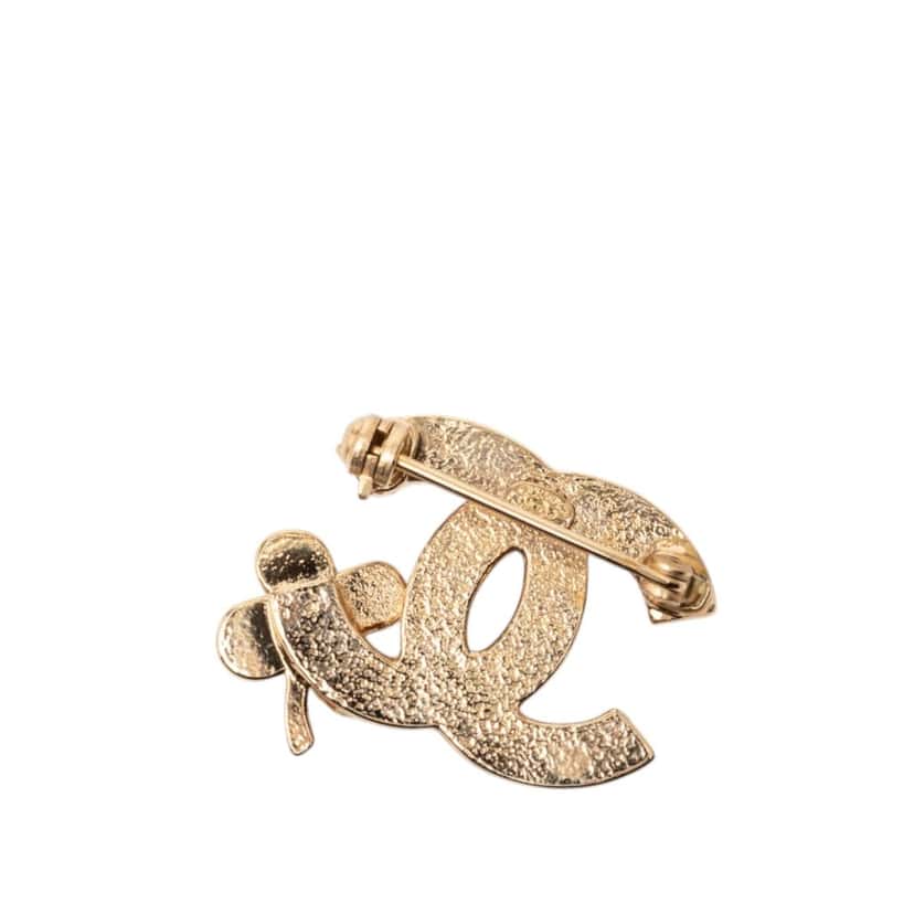 Chanel CC Gold Plated Strass Clover Leaf Pin Brooch Gold Metal Very good condition - Back View