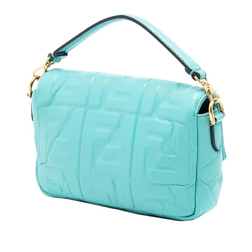 Fendi Mini Zucca Embossed Leather Baguette Satchel Blue Leather Very good condition - Back View