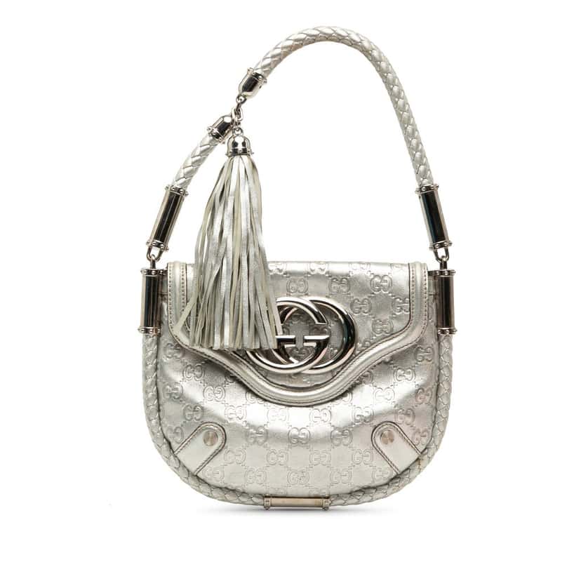 Gucci Medium Metallic Guccissima Britt Tassel Flap Handbag Silver Leather Very good condition - Front View