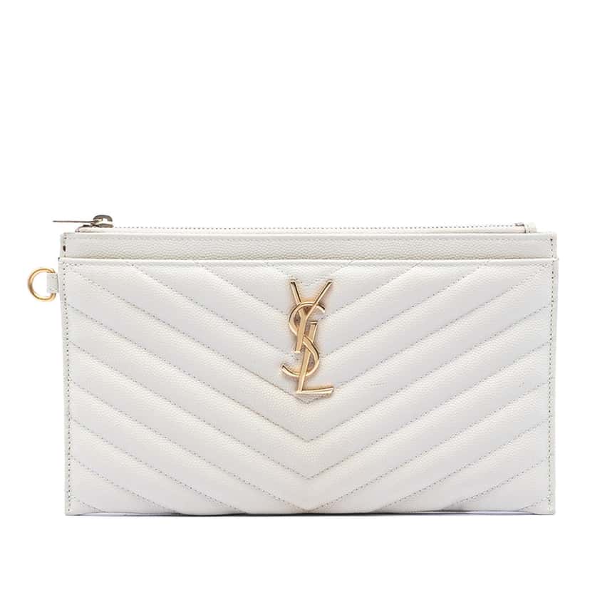 Saint Laurent Grain De Poudre Chevron Monogram Clutch White Leather Very good condition - Front View