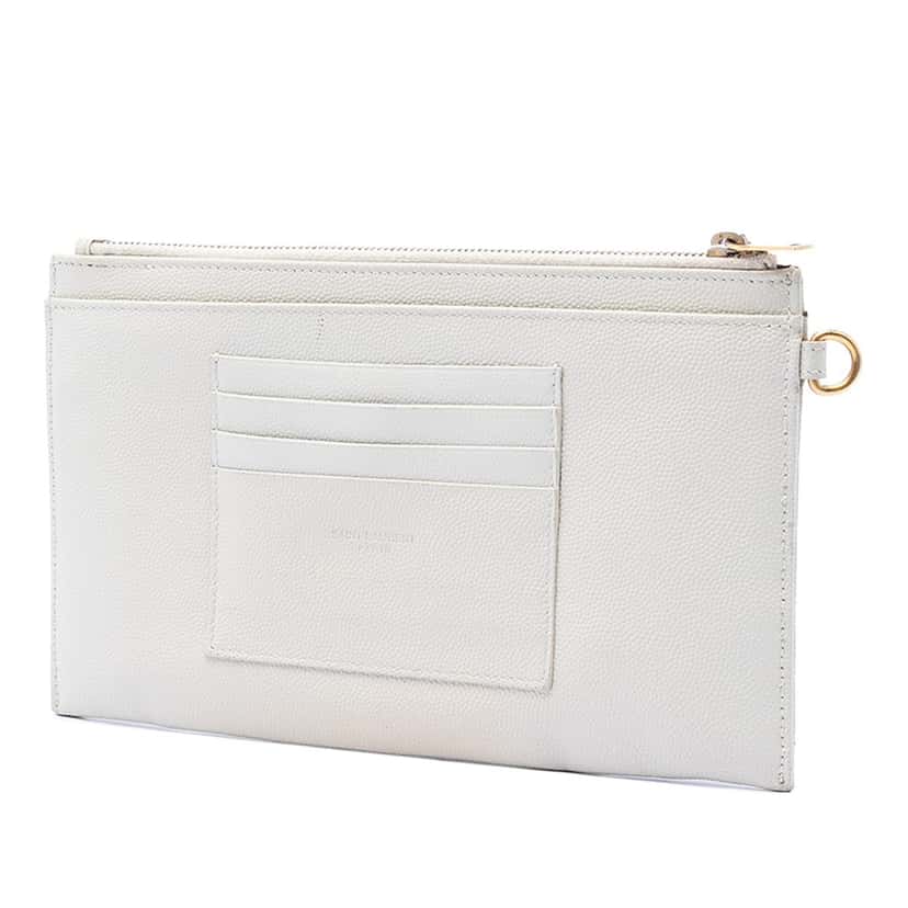 Saint Laurent Grain De Poudre Chevron Monogram Clutch White Leather Very good condition - Back View