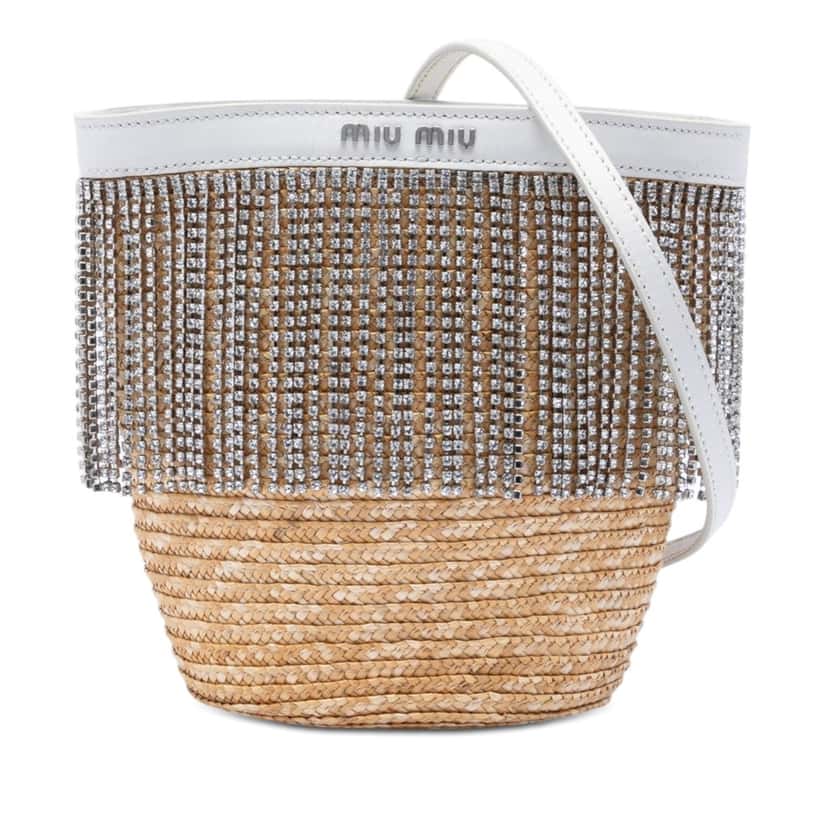 Miu Miu Wicker Crystal Fringe Bucket Bag Beige Very good condition - Front View