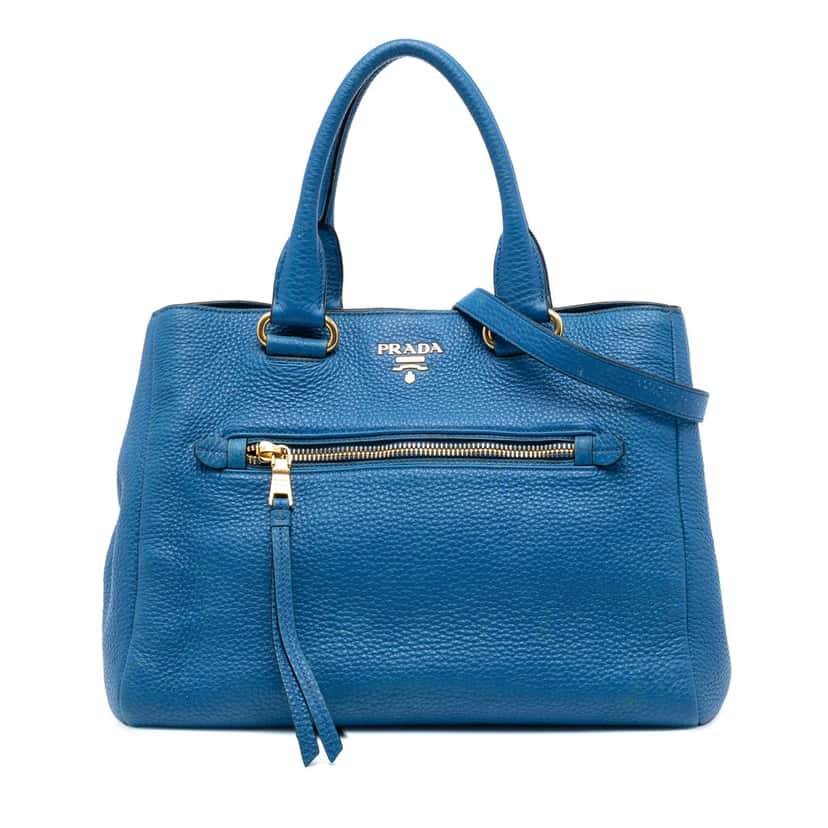 Prada Vitello Daino Open Convertible Tote Blue Leather Good condition - Front View