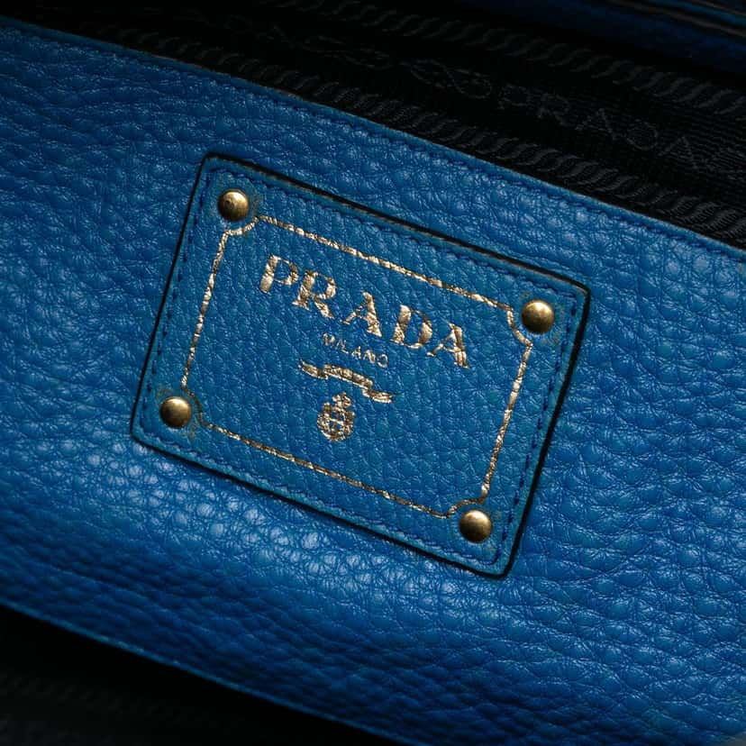 Prada Vitello Daino Open Convertible Tote Blue Leather Good condition - Box View