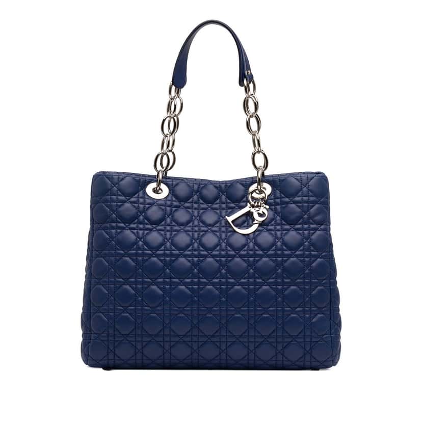Dior Large Lambskin Cannage Lady Dior Soft Shopping Tote Blue Leather Very good condition - Front View