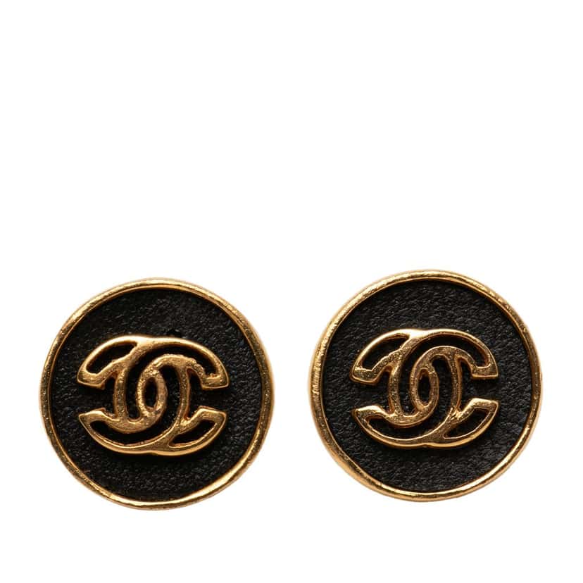 Chanel CC Gold Plated and Leather Round Bullet Back Earrings Black Metal Very good condition - Front View