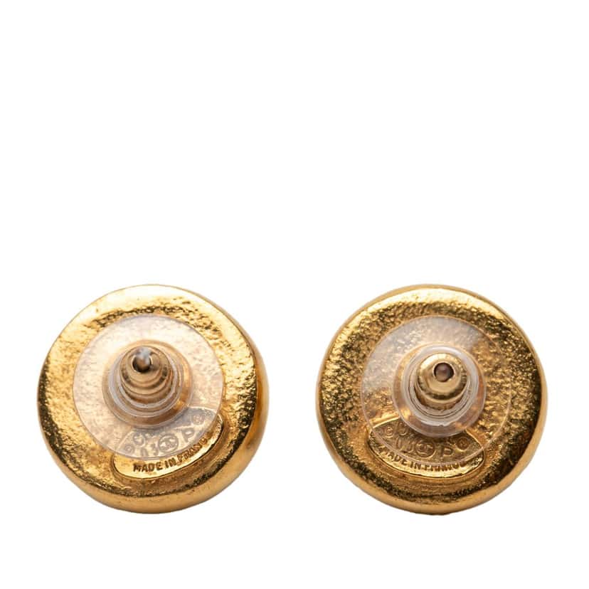 Chanel CC Gold Plated and Leather Round Bullet Back Earrings Black Metal Very good condition - Back View