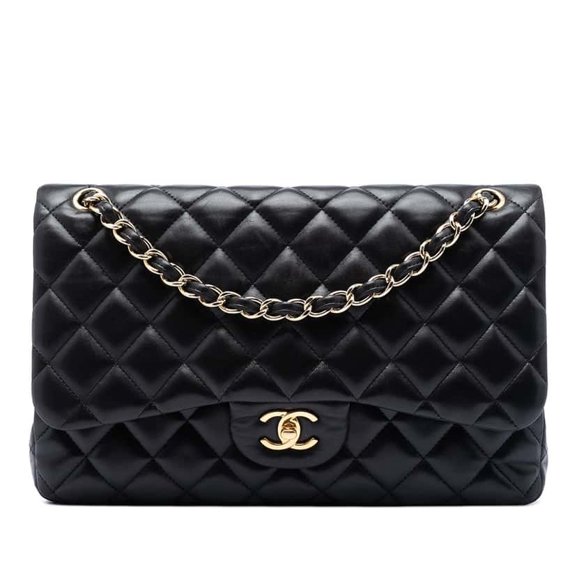 Chanel Jumbo Classic Lambskin Double Flap Black Leather Very good condition - Front View