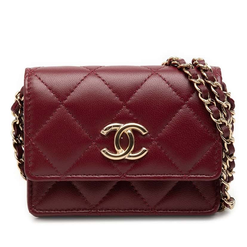 Chanel CC Quilted Lambskin Card Holder On Chain Red Leather Very good condition - Front View