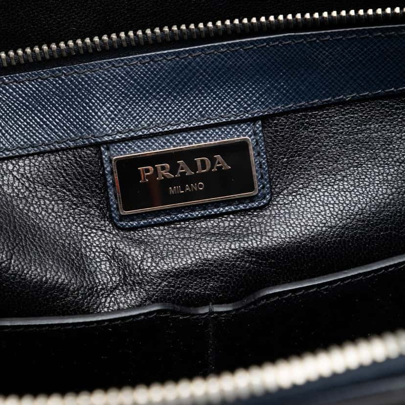 Prada Saffiano Briefcase Blue Leather Very good condition - Box View