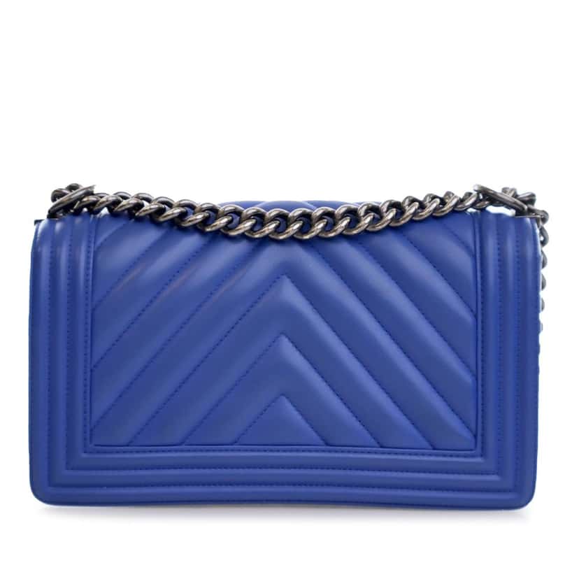 Chanel Old Medium Chevron Calfskin Boy Flap Blue Leather Very good condition - Back View