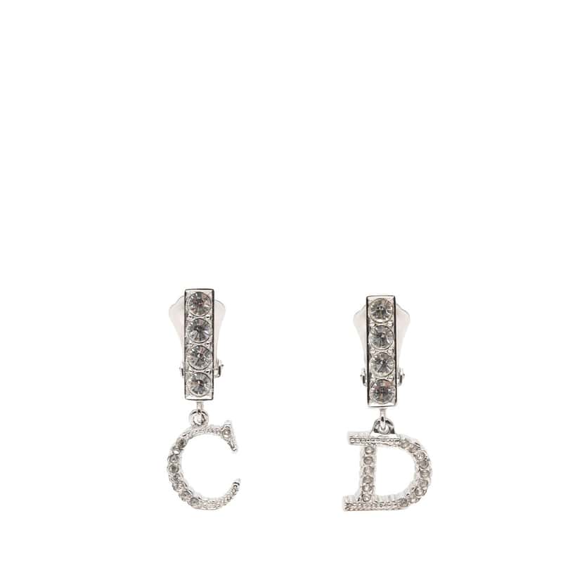 Dior Brass CD Logo and Strass Drop Clip On Earrings Silver Metal Very good condition - Front View