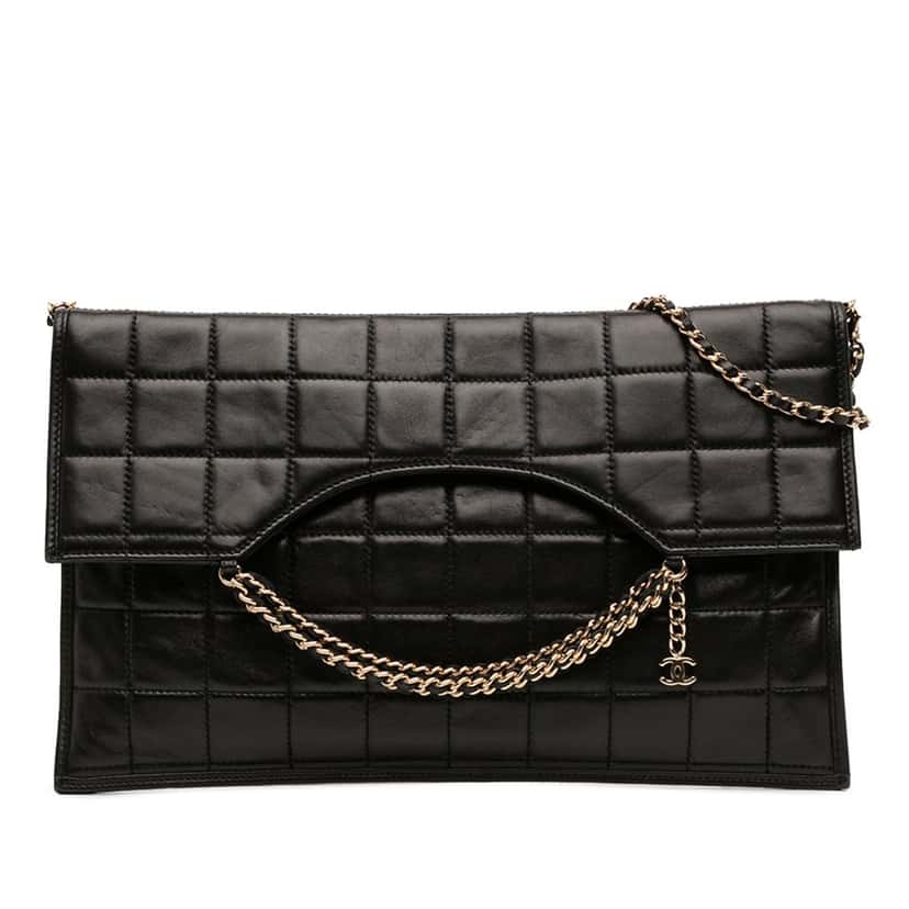 Chanel CC Chocolate Bar Lambskin Fold Down Envelope Shoulder Bag Black Leather Very good condition - Front View
