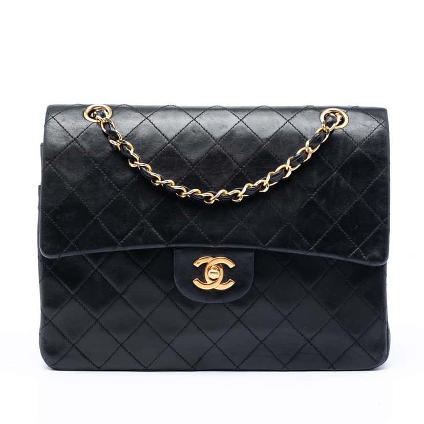 Chanel Medium Tall Classic Lambskin Double Flap Black Leather Very good condition - Front View