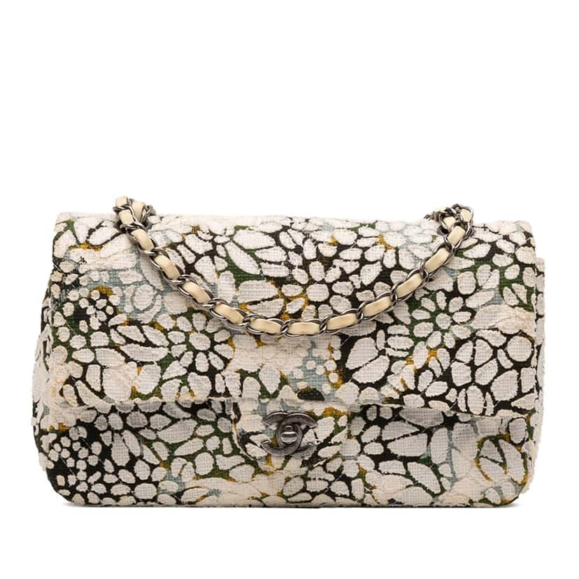 Chanel Medium Classic Chevron Tweed Floral Double Flap White Very good condition - Front View
