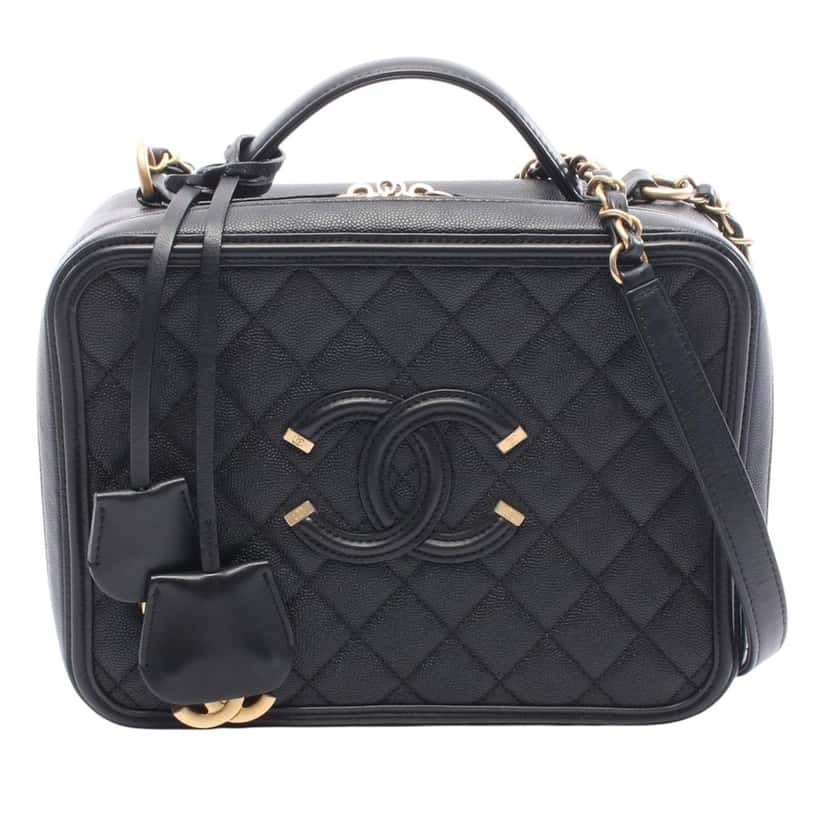 Chanel Large Caviar CC Filigree Vanity Case Black Leather Very good condition - Front View