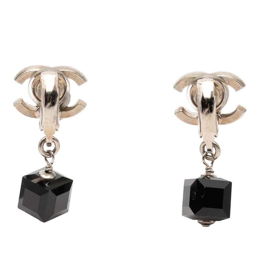 Chanel CC Brass Cube Rhinestone Drop Clip On Earrings Silver Metal Very good condition - Back View